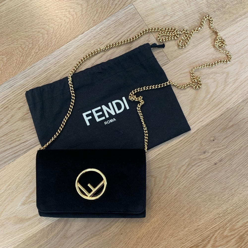 Fendi 2019 F Logo Black Velvet Wallet on Chain